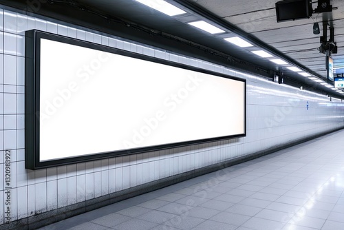 Blank billboard advertisement in an underground subway station.  Modern, clean, and spacious interior.  Ideal for promotional display
