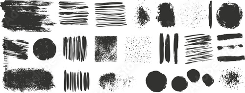 Collection of abstract black brush strokes and textures on white background.