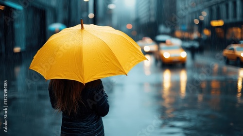 Wallpaper Mural A person holding a bright yellow umbrella stands in the rain on a bustling city street, capturing the contrast between vibrant colors and a gloomy atmosphere. Torontodigital.ca