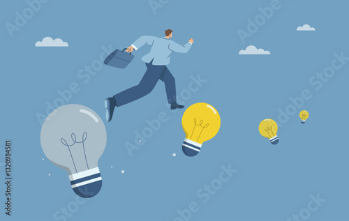 Go beyond conventional ideas, Step into new idea, Businessman runs from burned out light bulb to a new one, Constantly creating or adapting new ideas in business, Discovering new things.