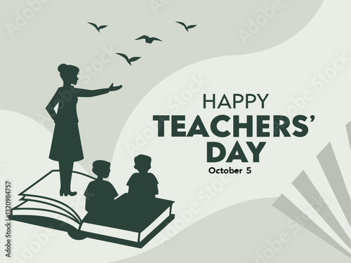 Happy Teachers' Day Vector Illustration – Open Book with Teacher and Students Silhouette