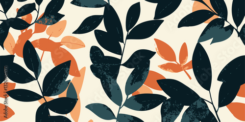 Abstract leaf pattern with orange and blue foliage on light background.