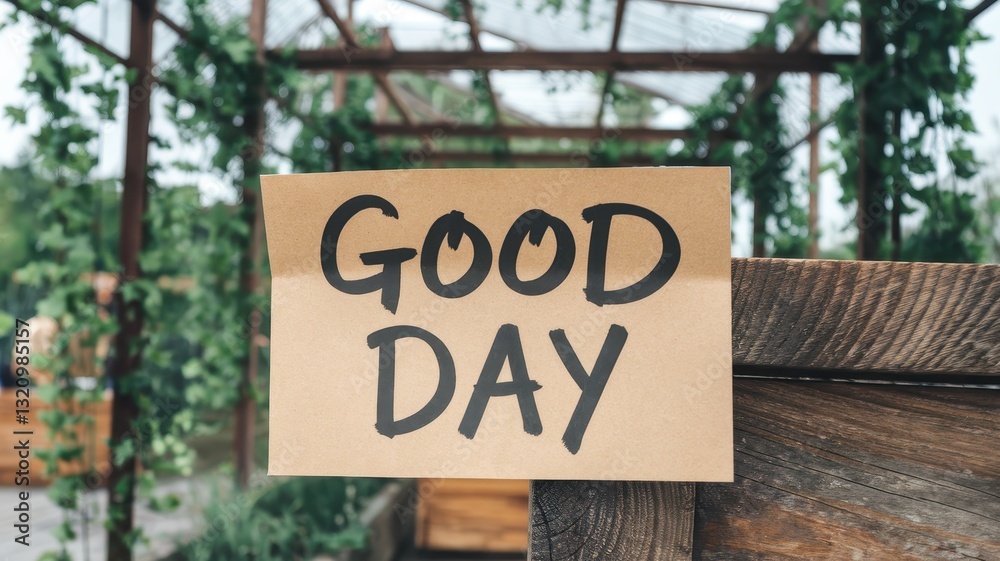 Fototapeta premium Good Day message on a rustic wooden structure surrounded by lush greenery.