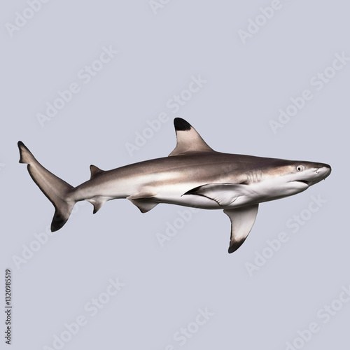 Side view of a blacktip reef shark swimming underwater, isolated on a soft blue background photo