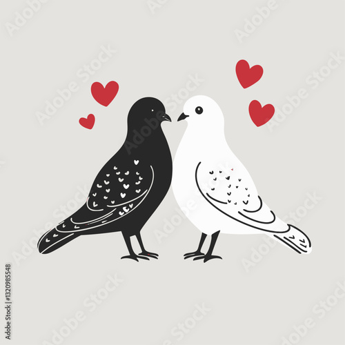 Illustration of two pigeons in love with hearts above them.