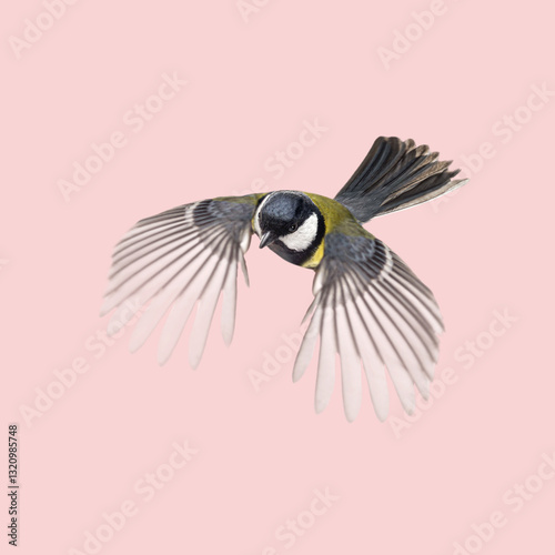 Great tit - parus major - with spread wings flying on a pink background