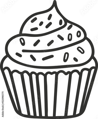 Outline illustration of a cupcake with frosting and sprinkles.