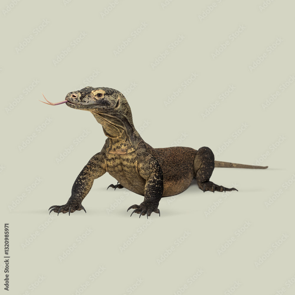 Obraz premium Studio shot of komodo dragon flicking its forked tongue against seamless background
