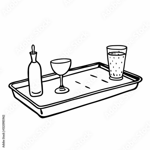 Minimalist Tray with Drinks Bottle, Wine Glass, and Water Glass Line Art