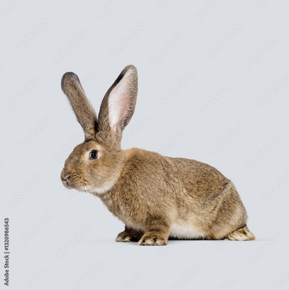 Studio portrait of adorable brown flemish giant rabbit sitting on gray seamless background Studio portrait of adorable brown flemish giant rabbit sitting on gray seamless background