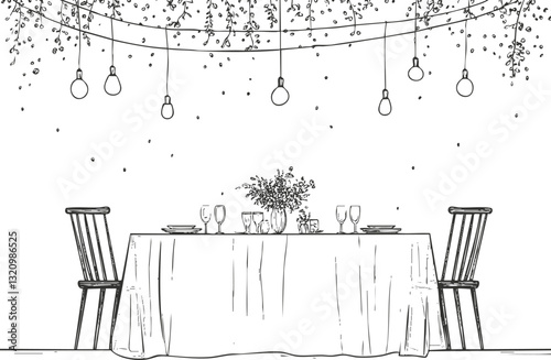 Elegant dining table with chairs and hanging lights illustration.