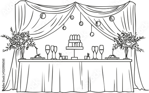 Elegant wedding table setup with flowers, cake, and draped decorations.