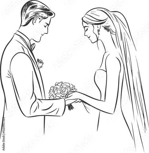 Illustration of a bride and groom exchanging vows during a wedding ceremony.