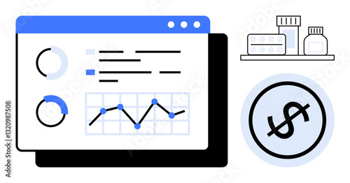 Data dashboard showing charts, graphs, and metrics with medicine bottles and dollar sign. Ideal for healthcare, cost analysis, pharmaceuticals, budgeting, finance research business strategy. Flat