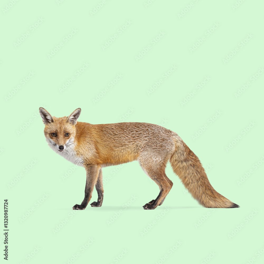 Obraz premium Full length profile of a wild red fox standing and staring on a seamless light green background