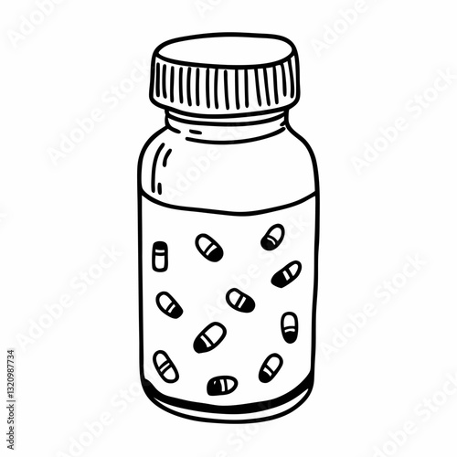 Hand Drawn  Illustration of a Medicine Bottle with Capsules Inside