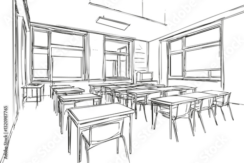 Black and white sketch of an empty classroom with tables and chairs.