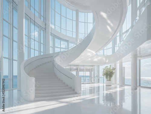 Elegant all-white cruise ship lobby with a grand spiral staircase, high ceilings, and floor-to-ceiling glass windows revealing the open sea, flooded with natural light. Generative AI
