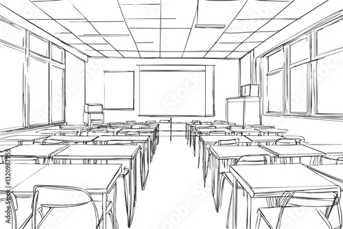 Black and white sketch of an empty classroom with desks and chairs.