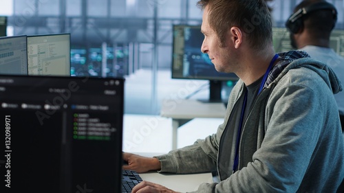 IT technician looking at PC screen, working in network security data center, ensuring optimal performance. Man supervising server hub, monitoring energy consumption across rigs, camera A