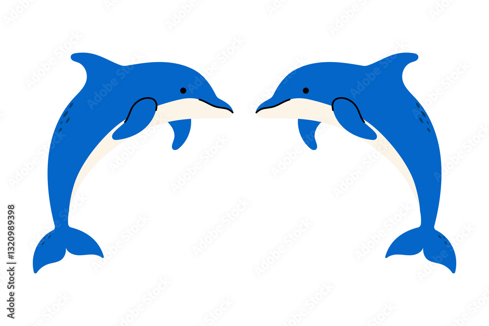 Obraz premium Flat vector illustration of two dolphins, ocean creatures, marine life, isolated on white background