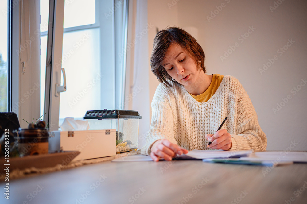 Exhausted Woman Studying at Home Exhausted Woman Studying at Home