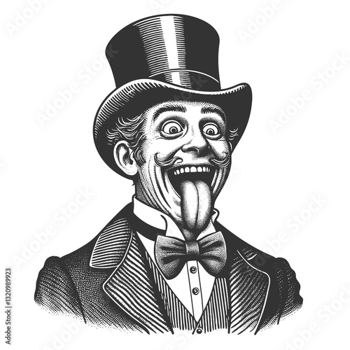 Silly stupid facial expression gentleman with curled mustache and top hat sticking out his tongue sketch engraving generative ai raster illustration. Scratch board imitation. Black and white image.