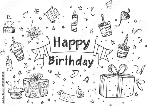 Hand-drawn birthday card with gifts, cake, and festive decorations.