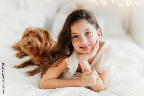 Studio portrait of a delicate 10-year-old girl in a festive Christmas setting