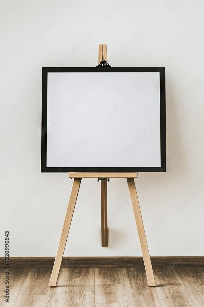 Blank canvas on easel against a white wall Blank canvas on easel against a white wall