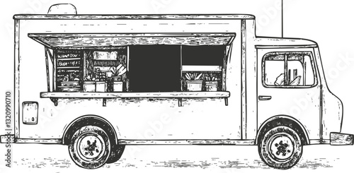 Vintage sketch of a food truck with open serving window.