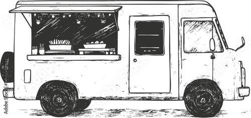 Illustrated outline of a vintage food truck with open serving window.
