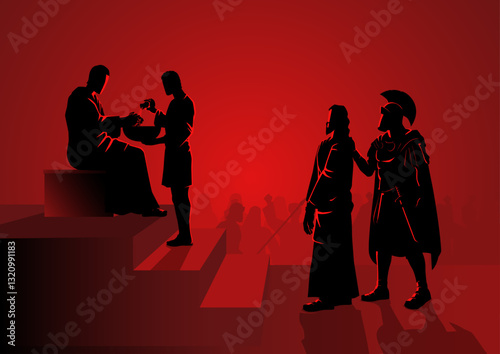 Biblical vector illustration series. Way of the Cross or Stations of the Cross, first station, Pilate condemns Jesus to die