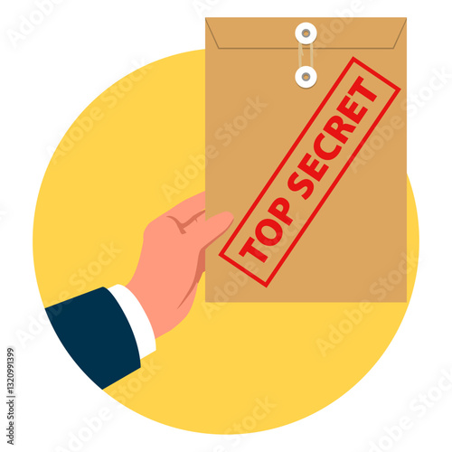 Vector illustration of a hand holding a sealed TOP SECRET envelope, symbolizing confidentiality, classified information, and restricted access