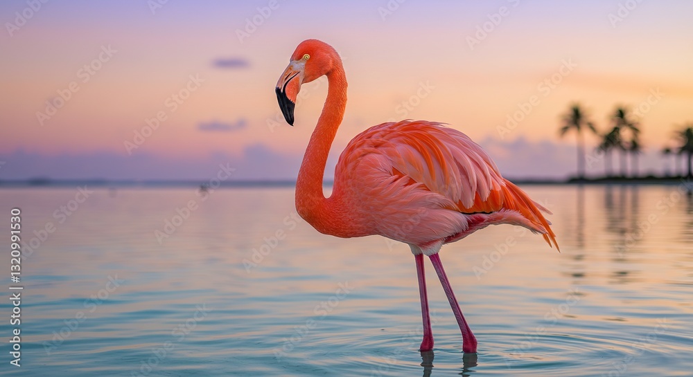 Fototapeta premium Flamingo Standing in Tranquil Water at Colorful Sunset in Aruba
