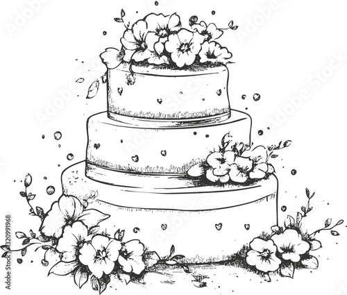 Black and white illustration of a tiered wedding cake with flowers.