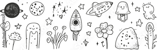 Cute space-themed doodle illustration with rockets, planets, and stars.