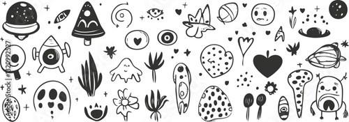 Whimsical black and white doodles of space and alien themes.