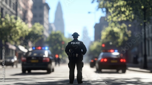 Wallpaper Mural Police Officer Standing in Urban Street with Police Cars and Emergency Lights on a Bright Day in a Bustling Cityscape Setting Torontodigital.ca