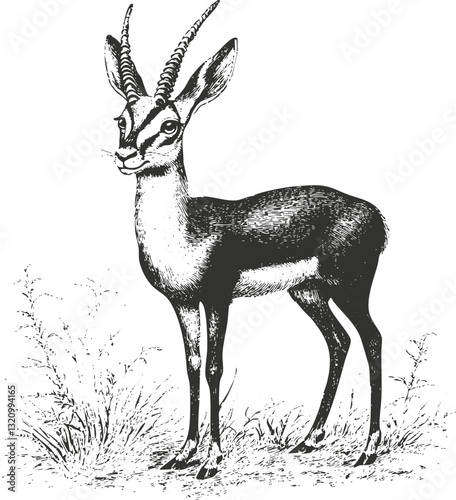 Vintage illustration of a gazelle standing in a grassy landscape.