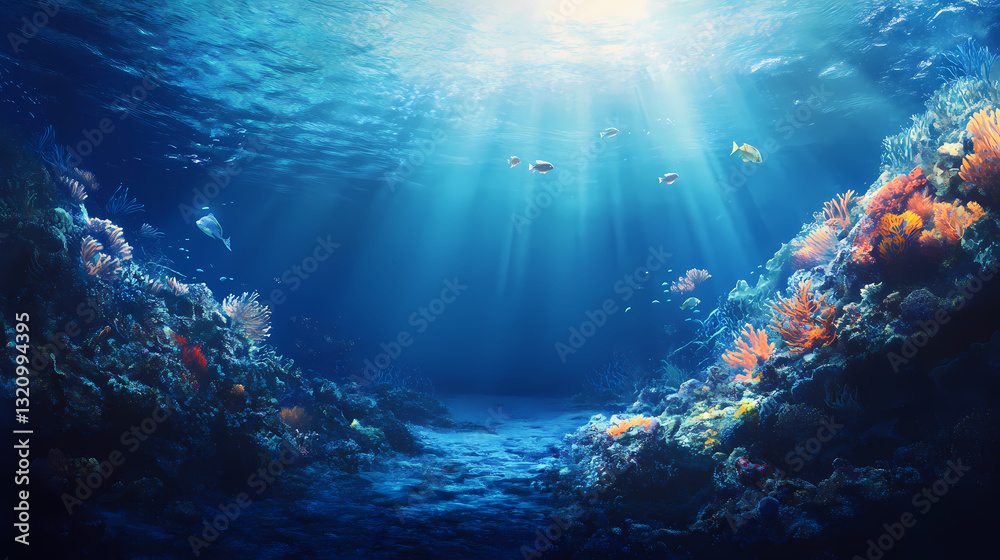 Fototapeta premium Underwater scene showcasing vibrant coral reefs and fish illuminated by sun rays from the surface