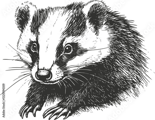 Detailed black and white illustration of a badger in a sketch style.