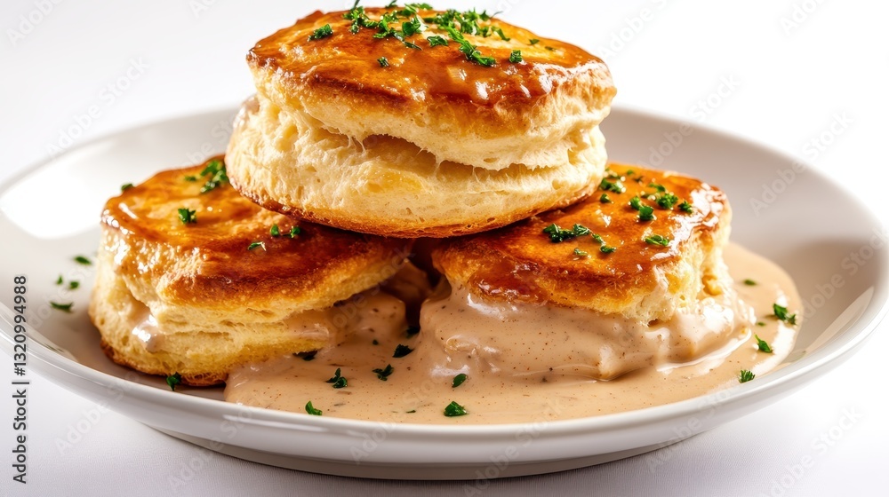 A delectable arrangement of fluffly biscuits topped with savory gravy and garnished with parsley, inviting the viewer to indulge in a rich culinary experience. A delectable arrangement of fluffly biscuits topped with savory gravy and garnished with parsley, inviting the viewer to indulge in a rich culinary experience.