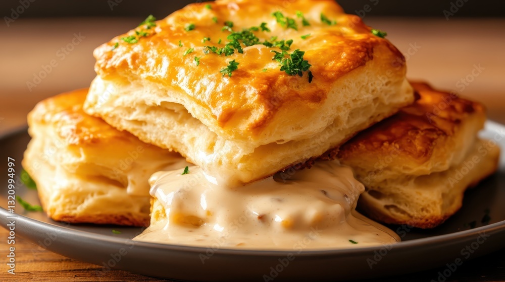 An appetizing image featuring fluffy, golden biscuits served with a generous portion of creamy sauce, promising a delightful experience for any food lover. An appetizing image featuring fluffy, golden biscuits served with a generous portion of creamy sauce, promising a delightful experience for any food lover.