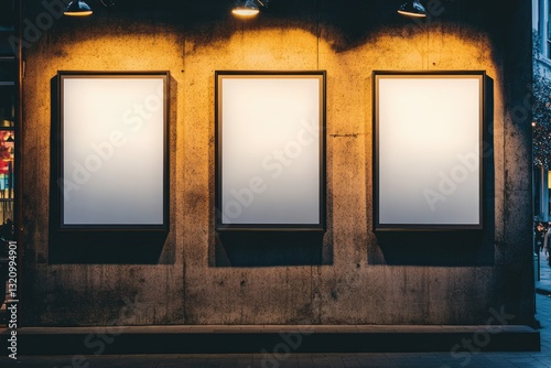 Three blank advertising billboards on a weathered concrete wall at night