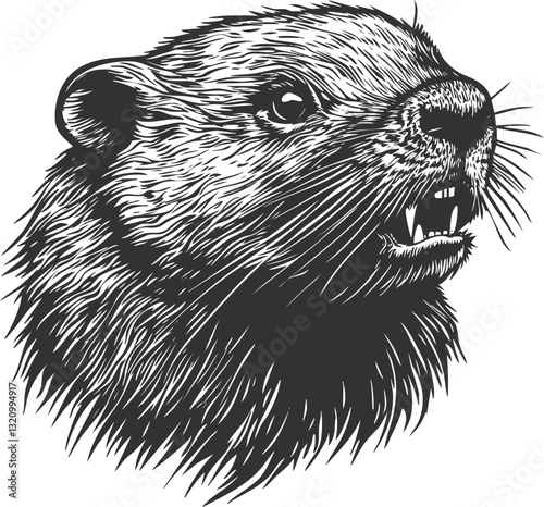 Detailed black and white illustration of a groundhog's head in woodcut style.