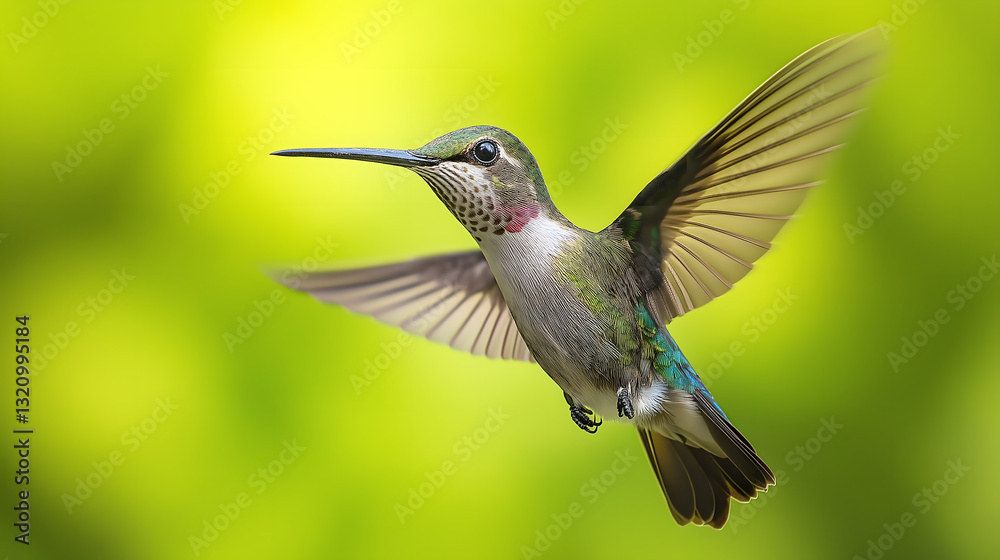 A hovering hummingbird, frozen midair against a blured green background A hovering hummingbird, frozen midair against a blured green background