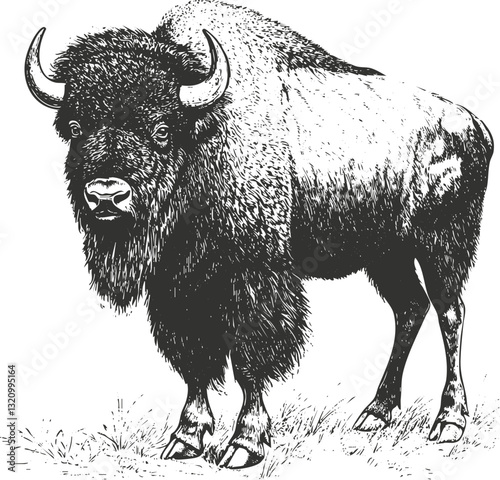 Detailed black and white illustration of a bison standing on grass.