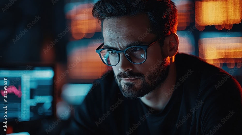 Thoughtful Man with Glasses Focusing on Data Analysis in a Dimly Lit Environment Thoughtful Man with Glasses Focusing on Data Analysis in a Dimly Lit Environment