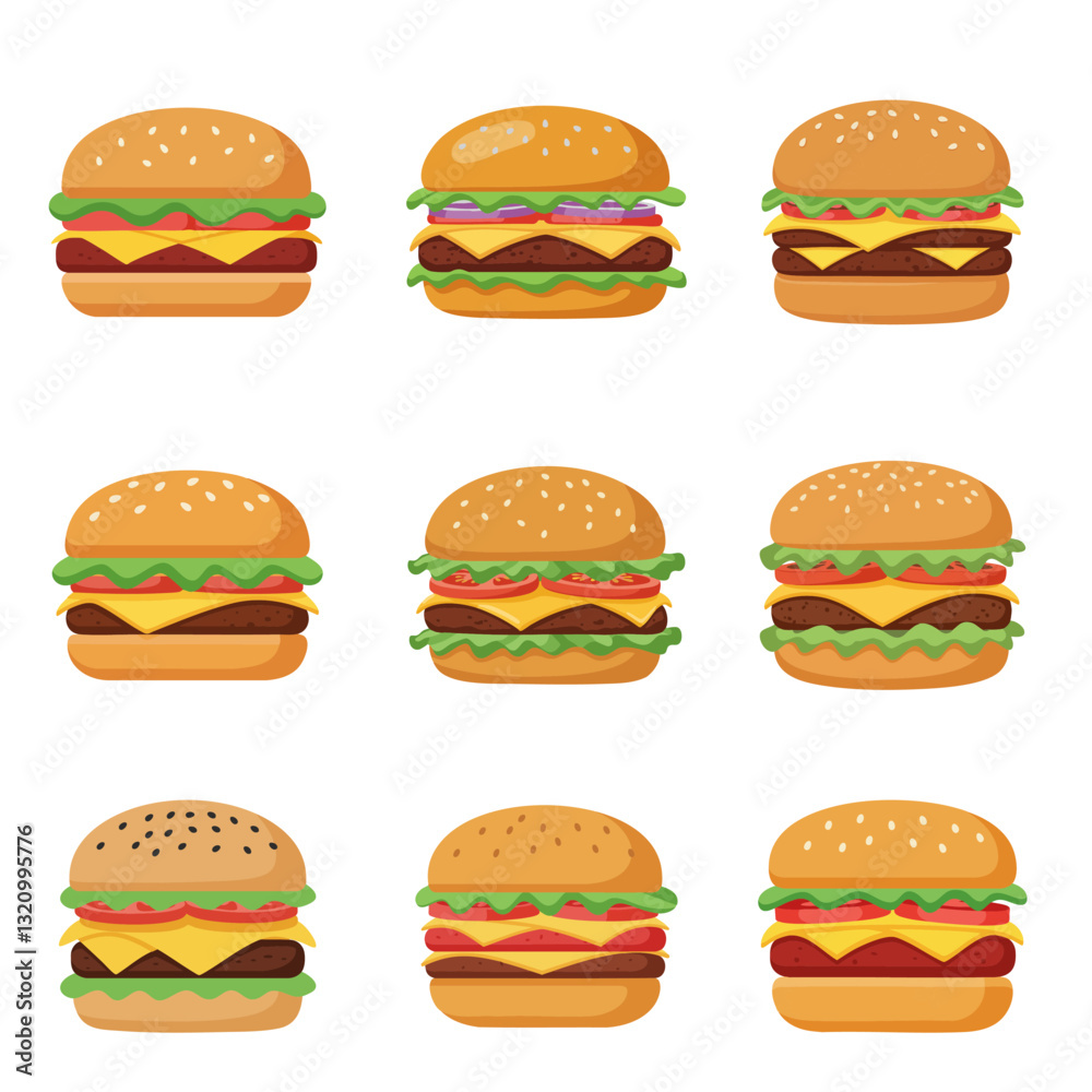 vector illustration of hamburgers with unique ingredients and toppings on white background vector illustration of hamburgers with unique ingredients and toppings on white background